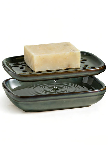 Miamolo Soap Dish for Shower with Drainage, Double Layer Bar Soap Holder, Ceramic Soap Saver Sponge Holder for Bathroom, Tub and Kitchen Sink, Slotted Draining Soap Dishes Extend Soap Life, Beige