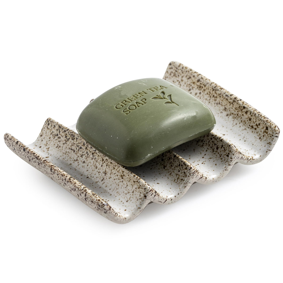 Draining Ceramic Soap Dish - Fluted Design, Bar Soap Holder for Shower & Bathroom, Soap Saver Sponge Lift, Green