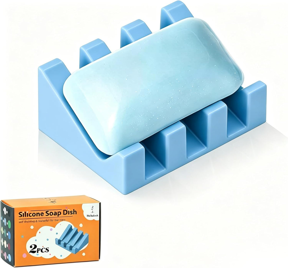 Self Draining Silicone Soap Dish Holder Waterfall Tray, 1 Pack Sky Blue