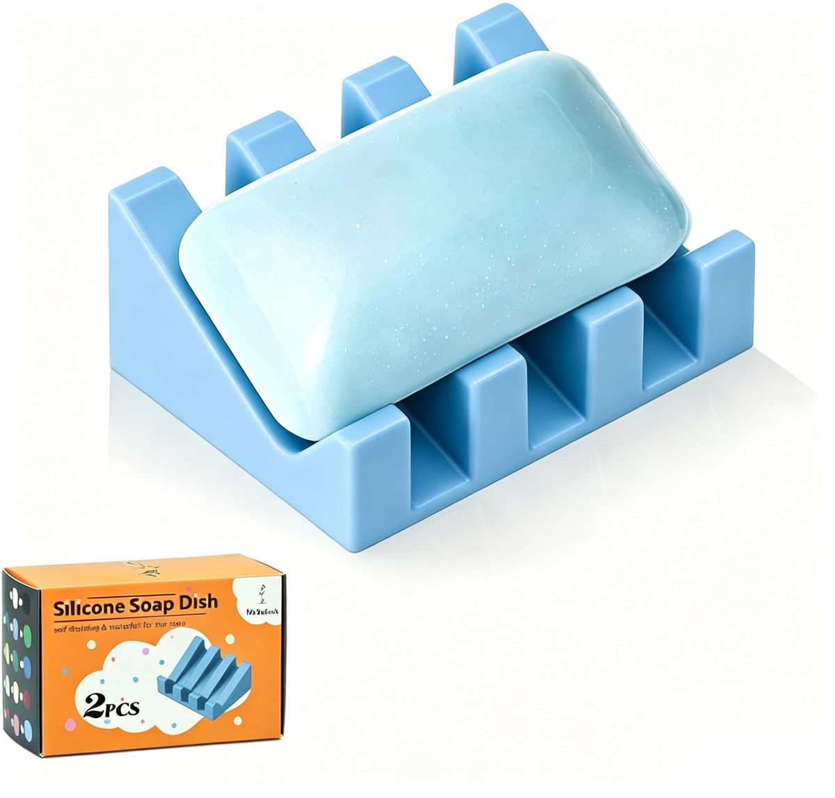 Self Draining Silicone Soap Dish Holder Waterfall Tray, 1 Pack Sky Blue