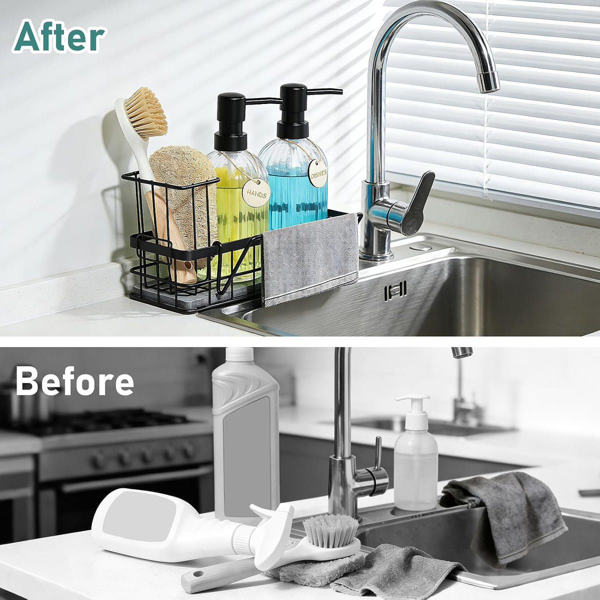 Kitchen Soap Dispenser Set, Hand and Dish Soap Dispenser Set with Sponge Holder, Dish Soap Dispenser with Instant Dry Tray for Kitchen Organizer, 15 fl oz Clear Glass Soap Dispenser with Pump