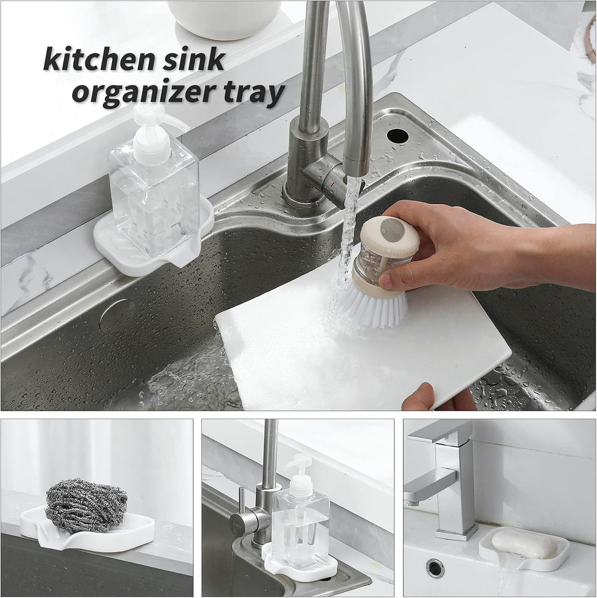MicoYang Silicone Soap Dish with Drain Spout, Self-Draining Sink Organizer Tray for Bathroom and Kitchen, Sponges, Dispensers and Soap Holder, Non-Slip and Dishwasher Safe, White (Compact, 4.9"×3.2")