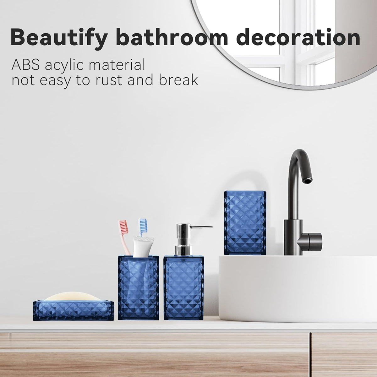 4 PCS Blue Bathroom Accessory Set,Plastic Bathroom Accessories Sets