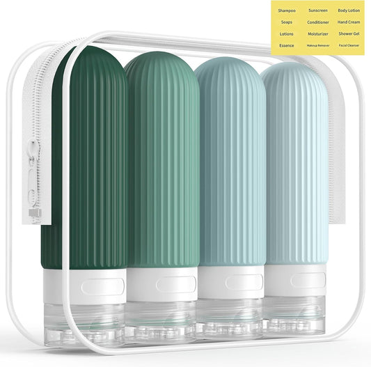 ME.FAN Travel Bottles for Toiletries, TSA Approved 3oz Silicone Journey Size Containers, Portable Split Bottle for Conditioner, Shampoo, Lotion- 4 Pack Blue