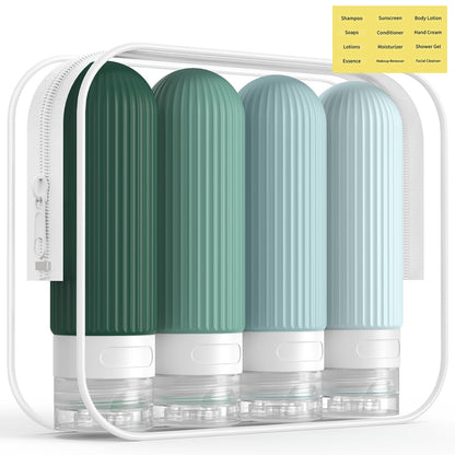 ME.FAN Travel Bottles for Toiletries, TSA Approved 3oz Silicone Journey Size Containers, Portable Split Bottle for Conditioner, Shampoo, Lotion- 4 Pack Blue
