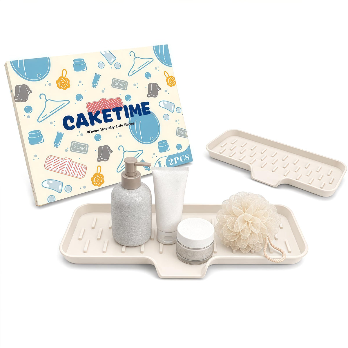 CAKETIME 2 Pack Silicone Soap Dish with Drainage Holes for Bathroom Shower Caddy Kitchen Counter Bar Sponge Holder Drying Rack Sink Organizer Essentials Apartment Home Household Must Haves 2026