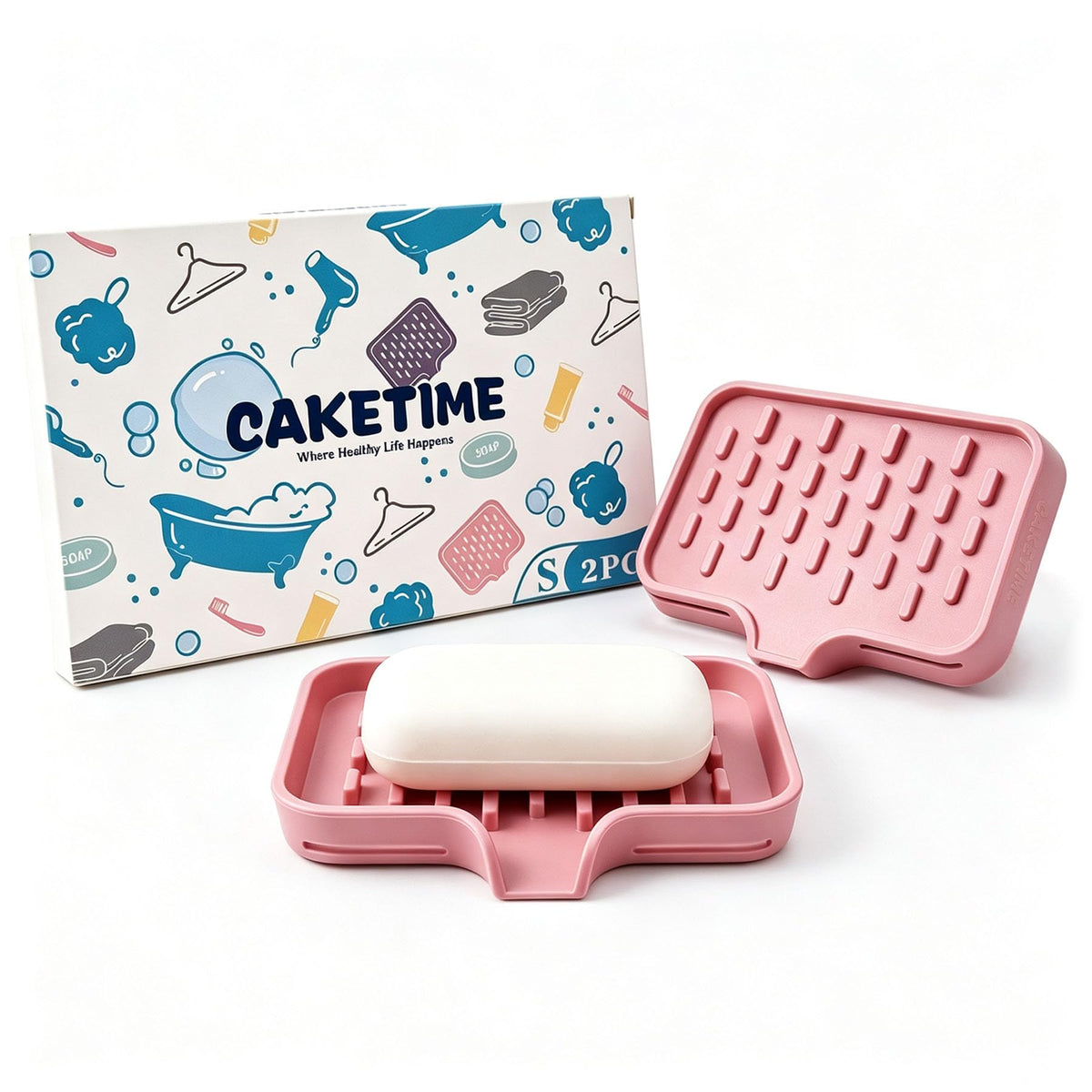 CAKETIME 2 Pack Silicone Soap Dish with Drainage Holes for Bathroom Shower Caddy Kitchen Counter Bar Sponge Holder Drying Rack Sink Organizer Essentials Apartment Home Household Must Haves 2026