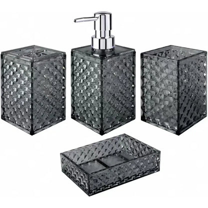 Grey Grid Pattern 4-Piece Stainless Steel Bathroom Accessory Set - Pump Dispenser, Soap Dish, Toothbrush Holder, Polypropylene Mouthwash Cup, Space Saver Modern Decor, Ideal Gift