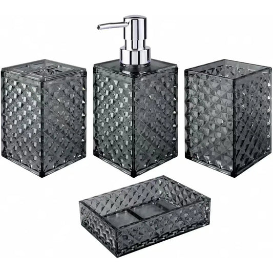Grey Grid Pattern 4-Piece Stainless Steel Bathroom Accessory Set - Pump Dispenser, Soap Dish, Toothbrush Holder, Polypropylene Mouthwash Cup, Space Saver Modern Decor, Ideal Gift