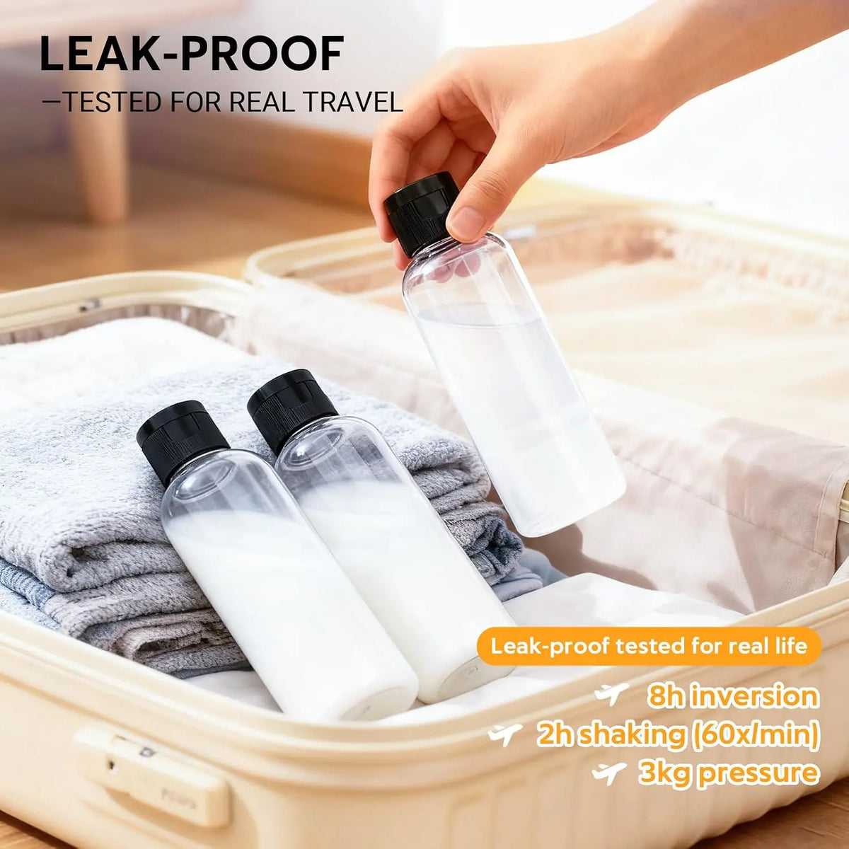5-Pack Transparent Durable Travel Bottle Set, 3.4 oz TSA-Approved Leakproof Refillable Containers for Toiletries, Shampoo, Lotion, Conditioner (Home Organizer Storage Jars)