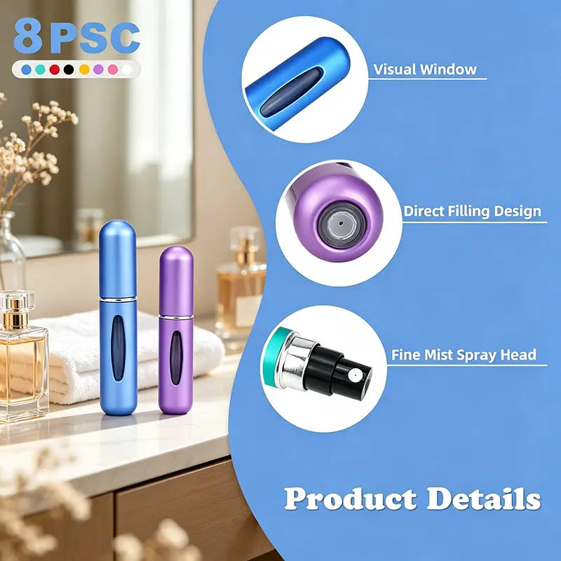 8Pcs Modern Aluminum 5mL Refillable Perfume Atomizer Bottles with Lid - Compact Travel Spray Vials, Tin Storage Case for Home Organization
