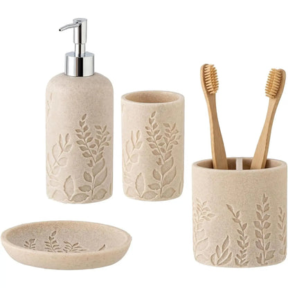 Bathroom Accessories Set, 4 count Modern Stone Texture, White | Minimalist, , with Liquid Soap Dispenser 11.5 OZ, Tumblers,  Holder, Bar Soap Tray, For Countertop Sink