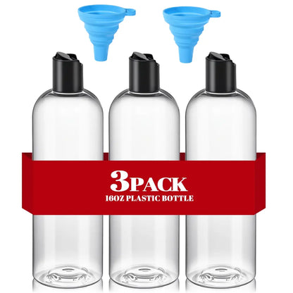 3-Pack 16oz Clear PET Refill Bottles + 2 Funnels, BPA-Free Squeeze/Disc-Top Travel Shampoo Conditioner Lotion Dispensers