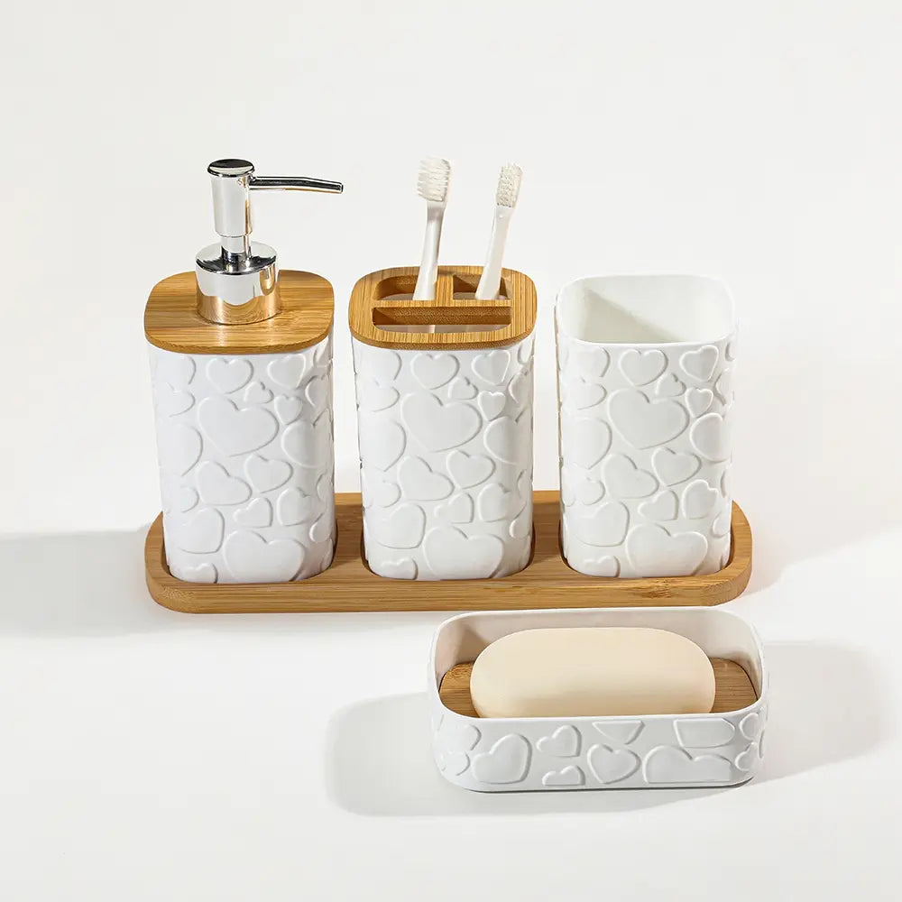 5-Piece Heart Pattern Bathroom Accessory Set, Matte Resin Storage Kit with Bamboo Base, Includes Soap Dispenser, Toothbrush Holder, Mouthwash Cup, Soap Dish, Tray, Restroom Accessories