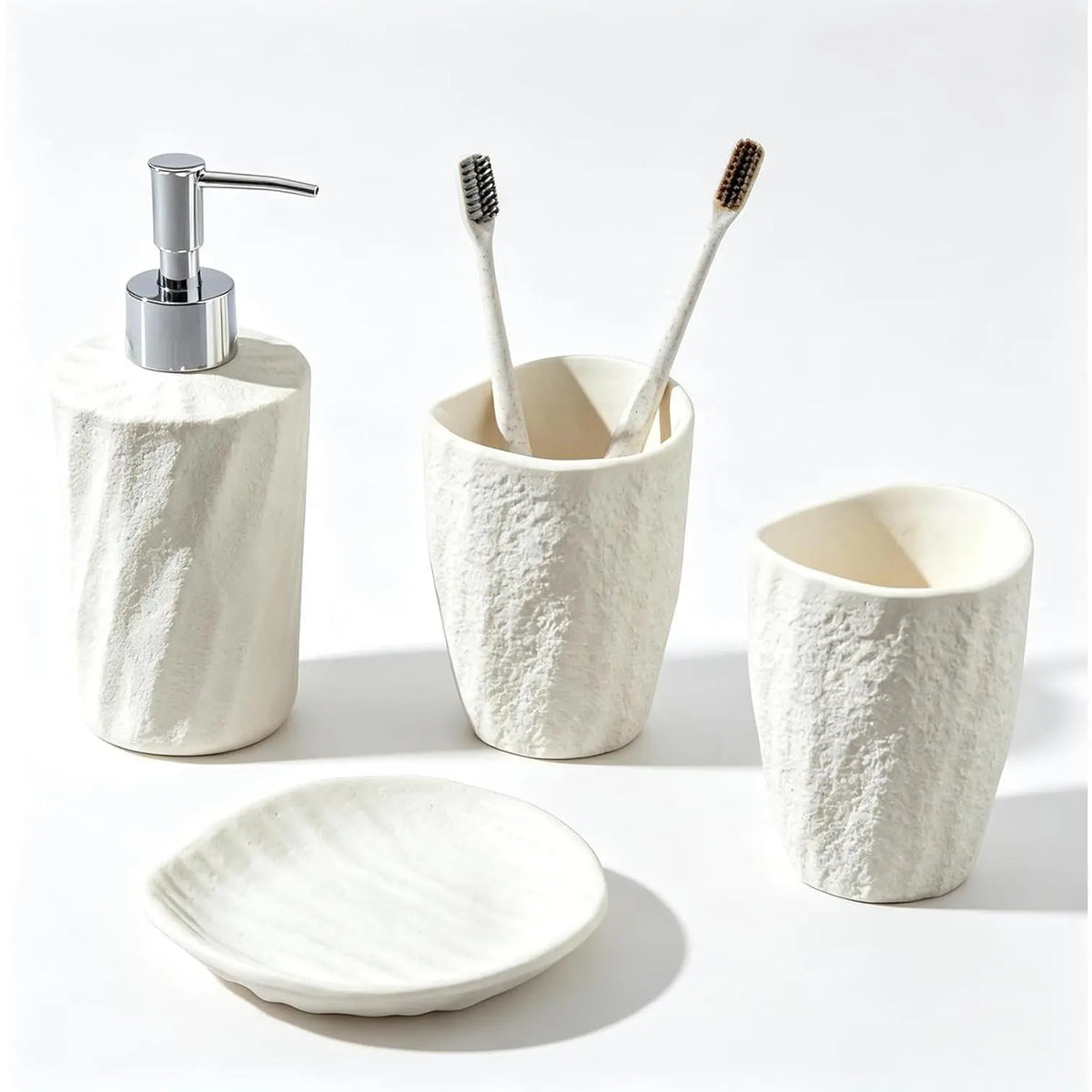 Bathroom Accessories Set, 4 count Modern Stone Texture, White | Minimalist, , with Liquid Soap Dispenser 11.5 OZ, Tumblers,  Holder, Bar Soap Tray, For Countertop Sink