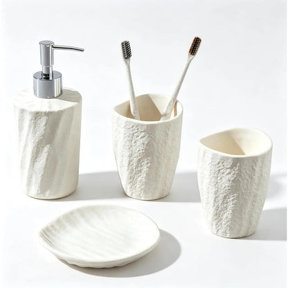 Bathroom Accessories Set, 4 count Modern Stone Texture, White | Minimalist, , with Liquid Soap Dispenser 11.5 OZ, Tumblers,  Holder, Bar Soap Tray, For Countertop Sink
