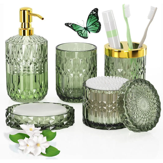 5-Pc Durable Eco-Friendly Bathroom Necessities Set - Enclosed Lid Moisture Seal Accessory Set with Lotion Soap Dispenser, Soap Dish, Toothbrush Holder, Tumbler, Cotton Swab Jar - Ideal for Decor, Women's Housewarming Gift, Bathroom Accessory Set, Durable