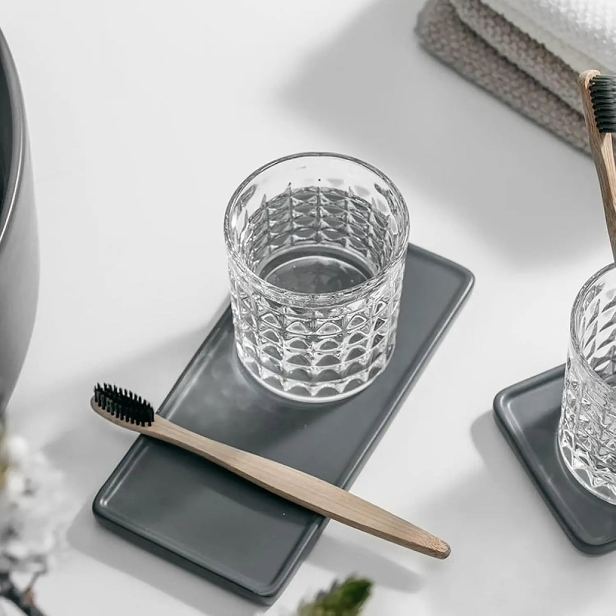 2-Pc Diamond Embossed Glass Mouthwash Cup Set, 8 Oz Bathroom Brushing Cup