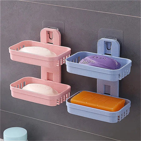 Beige-Pink Wall-Mount Plastic 2-Layer Rectangle Soap Dish Set, Durable Compact Bathroom Storage Organizer, Removable Home Bathroom Supply