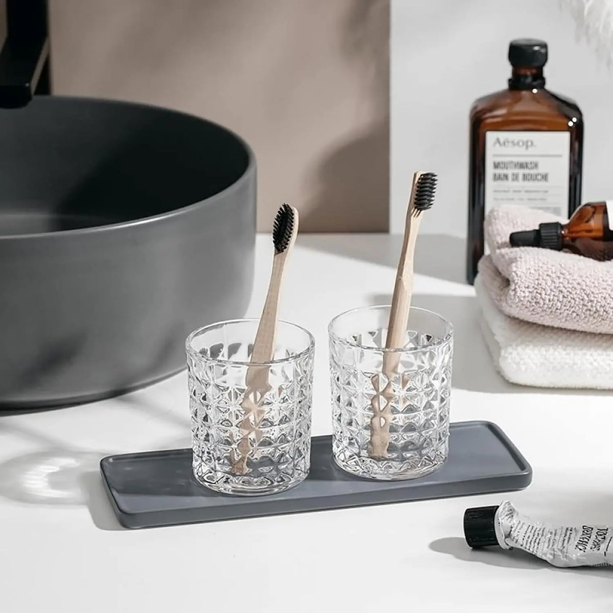 2-Pc Diamond Embossed Glass Mouthwash Cup Set, 8 Oz Bathroom Brushing Cup