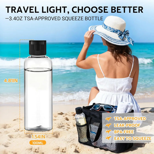 5-Pack Transparent Durable Travel Bottle Set, 3.4 oz TSA-Approved Leakproof Refillable Containers for Toiletries, Shampoo, Lotion, Conditioner (Home Organizer Storage Jars)