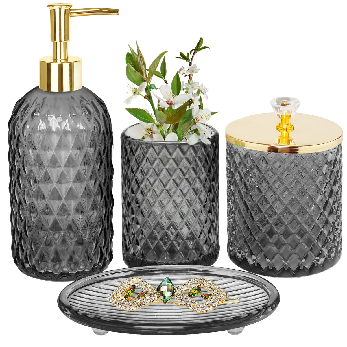 Haturi Glass Bathroom Accessories Set, Sage Green Bathroom Set, 4 Pcs