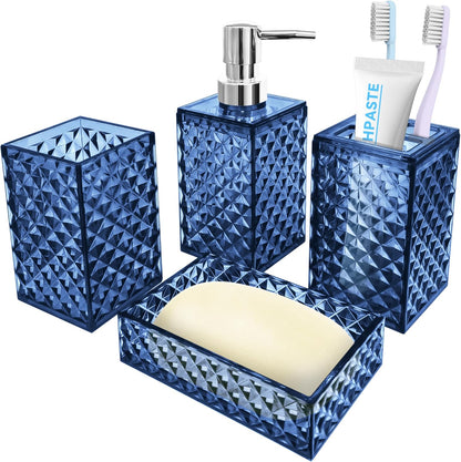 4 PCS Blue Bathroom Accessory Set,Plastic Bathroom Accessories Sets