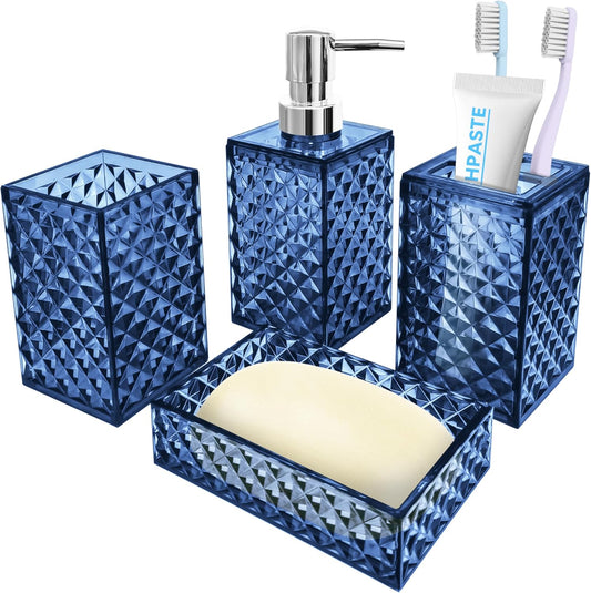 4 PCS Blue Bathroom Accessory Set,Plastic Bathroom Accessories Sets