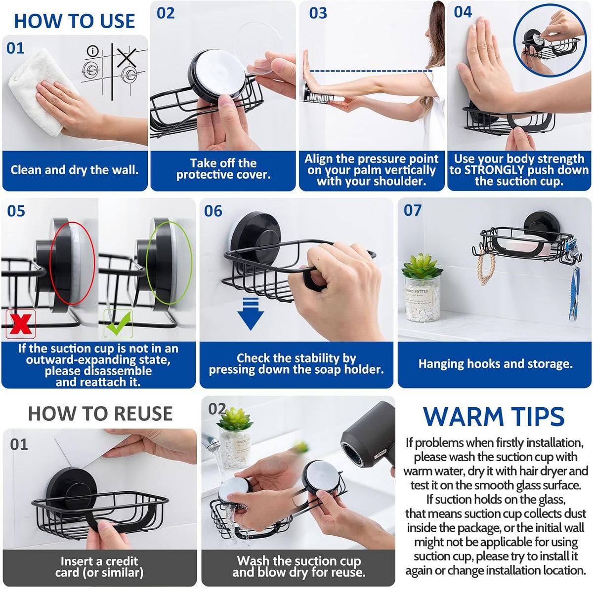 Soap Holder,Soap Dish,Suction Cup,with Hooks,Stainless Steel,Black
