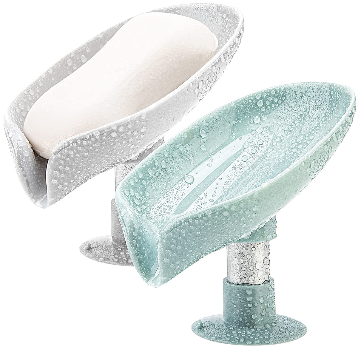 2 Pack Soap Holder Leaf-Shape Self Draining Soap Dish Holder, Not Punched Easy Clean Bar Soap Holder, with Suction Cup Soap Dish Suitable for Shower, Bathroom, Kitchen Sink (Grey + Green)