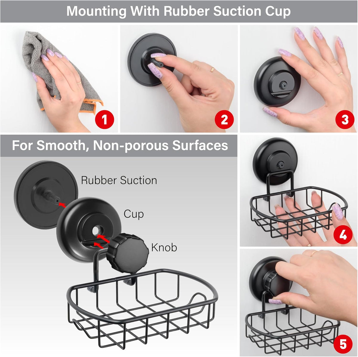 HASKO 2 Pack Suction Cup Soap Dish for Shower Wall, Rustproof Stainless Steel, Shower Soap Holder with Hooks, Includes Optional No Drill Adhesive Mount for Bathroom, 2 Soap Savers, Black