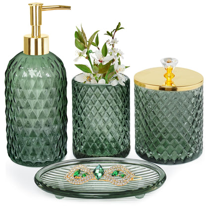Haturi Glass Bathroom Accessories Set, Sage Green Bathroom Set, 4 Pcs