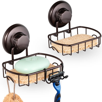 HASKO 2 Pack Suction Cup Soap Dish for Shower Wall, Rustproof Stainless Steel, Shower Soap Holder with Hooks, Includes Optional No Drill Adhesive Mount for Bathroom, 2 Soap Savers, Black