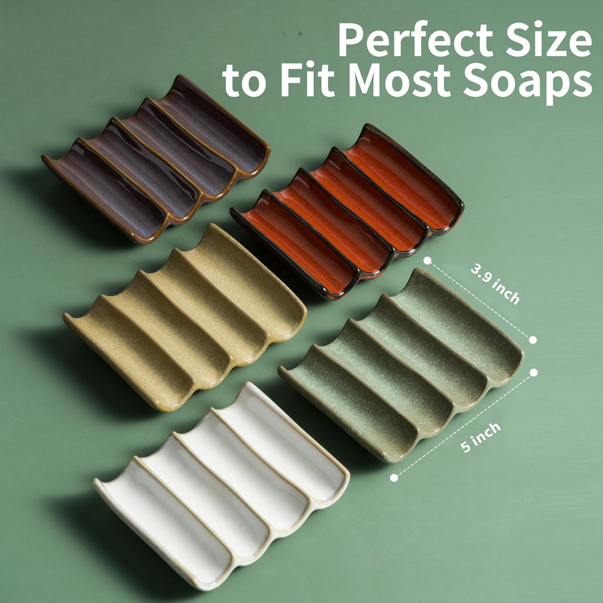 Draining Ceramic Soap Dish - Fluted Design, Bar Soap Holder for Shower & Bathroom, Soap Saver Sponge Lift, Green