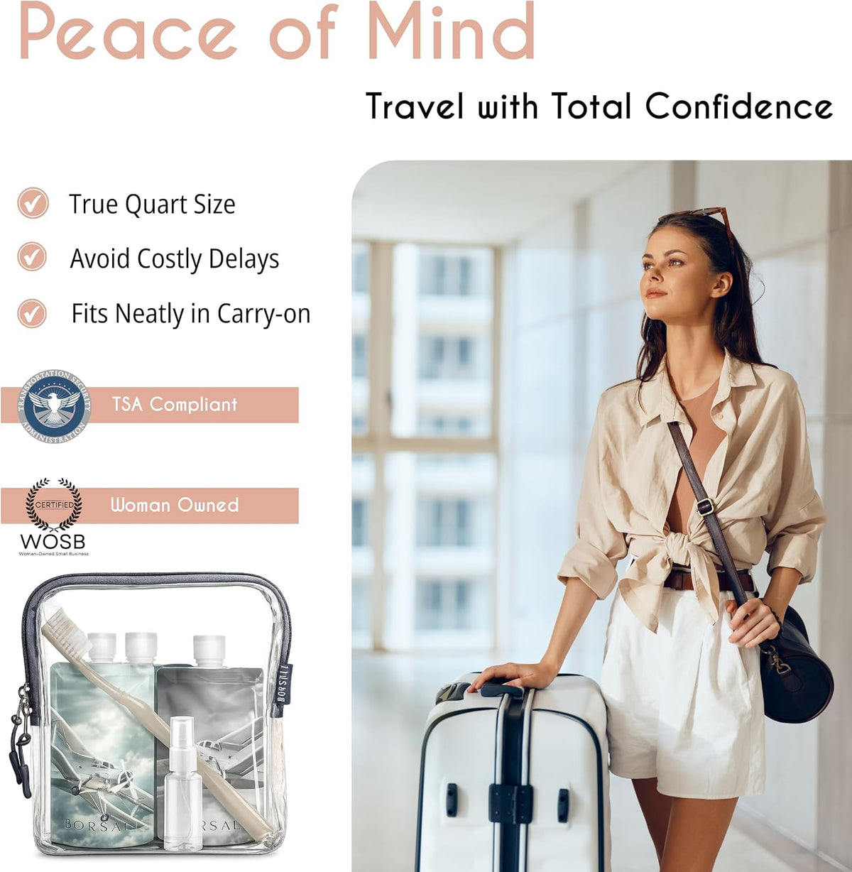 BORSALI Travel Pouches for Toiletries, Portable Flat Pack Squeeze Containers for Shampoo & 3-1-1 Liquids, Empty Travel Size Essentials for Women - 18 Piece Set with TSA Approved Bag