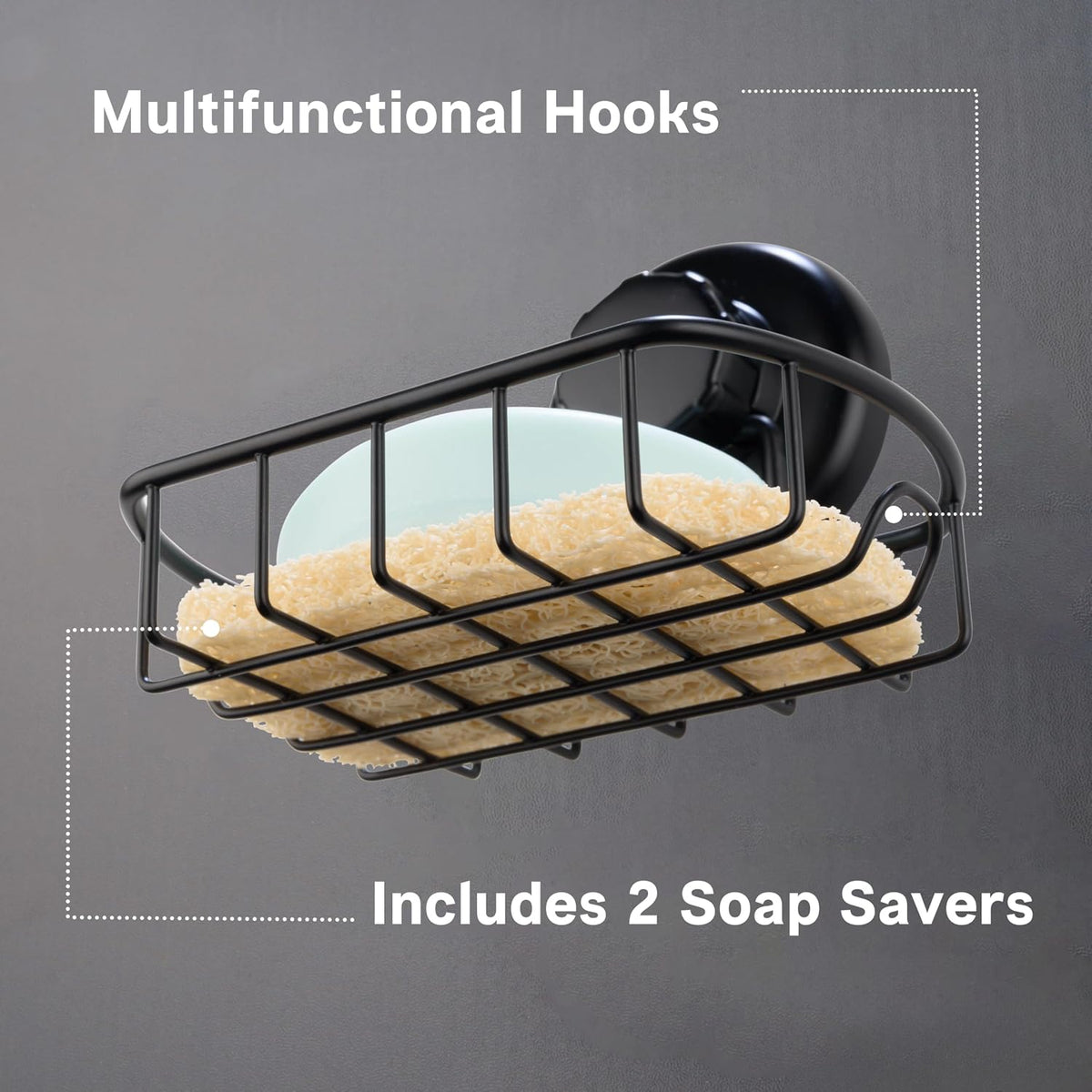HASKO 2 Pack Suction Cup Soap Dish for Shower Wall, Rustproof Stainless Steel, Shower Soap Holder with Hooks, Includes Optional No Drill Adhesive Mount for Bathroom, 2 Soap Savers, Black