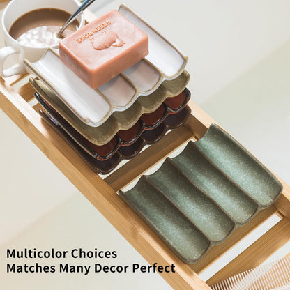 Draining Ceramic Soap Dish - Fluted Design, Bar Soap Holder for Shower & Bathroom, Soap Saver Sponge Lift, Green