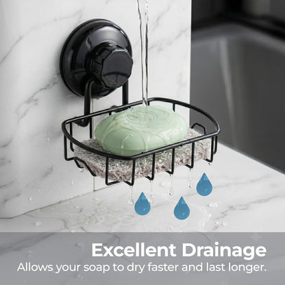 HASKO 2 Pack Suction Cup Soap Dish for Shower Wall, Rustproof Stainless Steel, Shower Soap Holder with Hooks, Includes Optional No Drill Adhesive Mount for Bathroom, 2 Soap Savers, Black