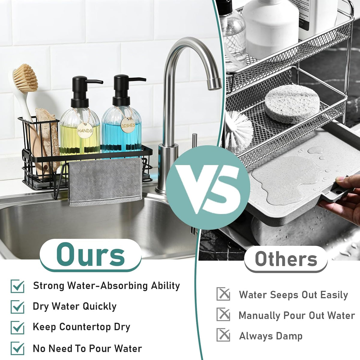 Kitchen Soap Dispenser Set, Hand and Dish Soap Dispenser Set with Sponge Holder, Dish Soap Dispenser with Instant Dry Tray for Kitchen Organizer, 15 fl oz Clear Glass Soap Dispenser with Pump