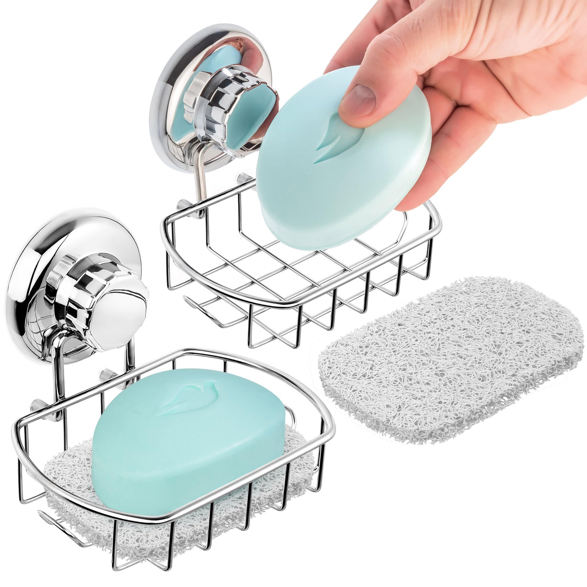 HASKO 2 Pack Suction Cup Soap Dish for Shower Wall, Rustproof Stainless Steel, Shower Soap Holder with Hooks, Includes Optional No Drill Adhesive Mount for Bathroom, 2 Soap Savers, Black