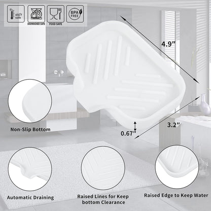 MicoYang Silicone Soap Dish with Drain Spout, Self-Draining Sink Organizer Tray for Bathroom and Kitchen, Sponges, Dispensers and Soap Holder, Non-Slip and Dishwasher Safe, White (Compact, 4.9"×3.2")