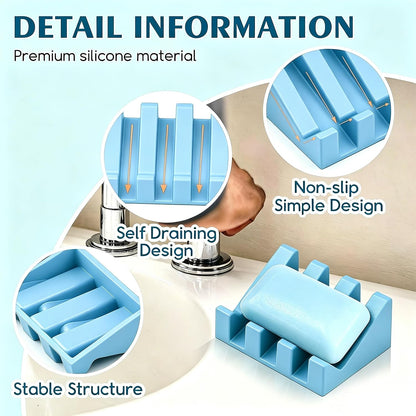 Self Draining Silicone Soap Dish Holder Waterfall Tray, 1 Pack Sky Blue