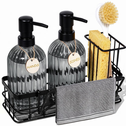Kitchen Soap Dispenser Set, Hand and Dish Soap Dispenser Set with Sponge Holder, Dish Soap Dispenser with Instant Dry Tray for Kitchen Organizer, 15 fl oz Clear Glass Soap Dispenser with Pump