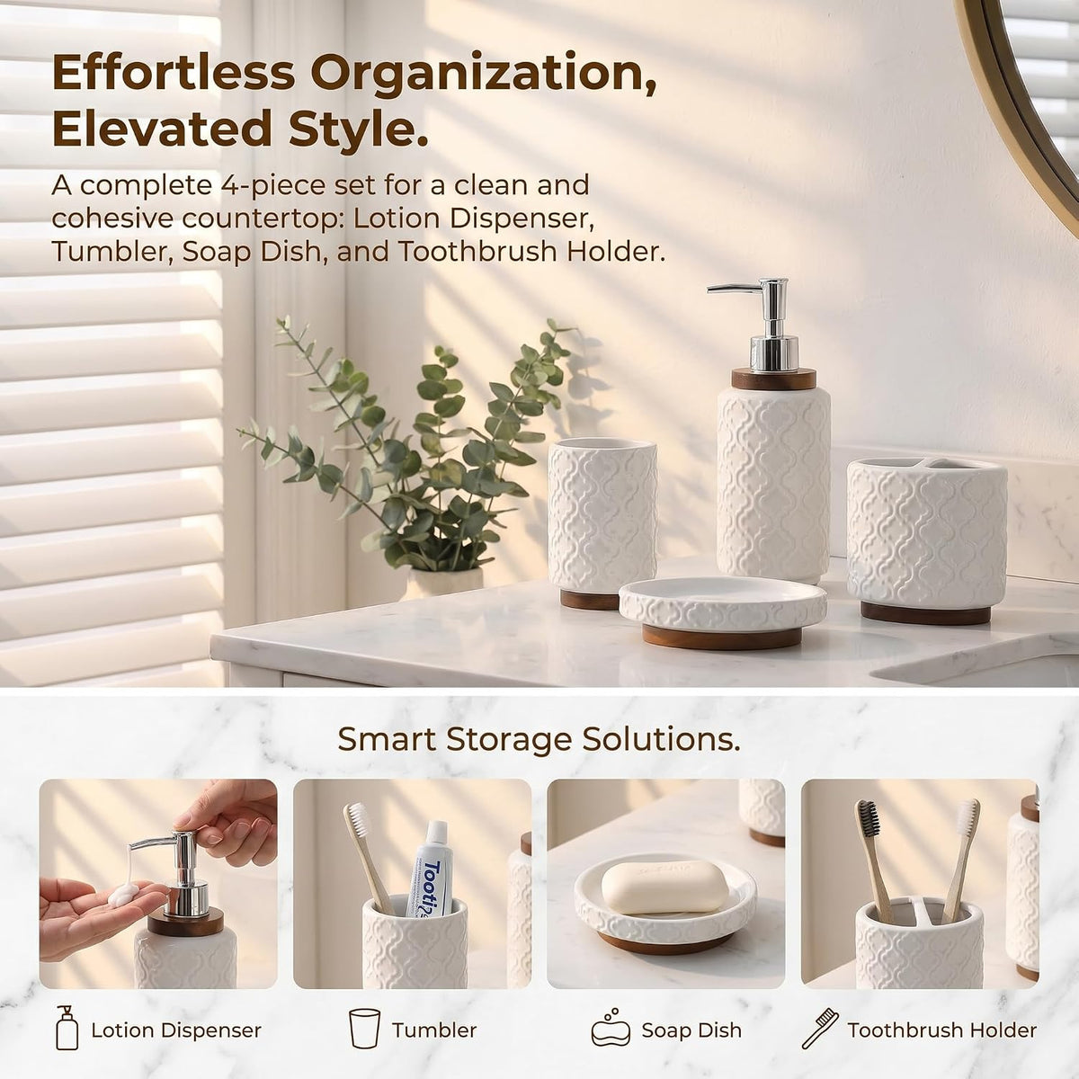 RQYIXI Ceramic Bathroom Accessories Set,White,4 Piece,Embossed Design
