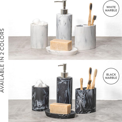 ZCCZ Bathroom Accessory Set, 4 Pcs Marble Look Bathroom Vanity Countertop Bathroom Décor Sets Accessories with Soap Dispenser, Toothbrush Holder Set, Tumbler, Soap Dish (White Marble Look Rounded)