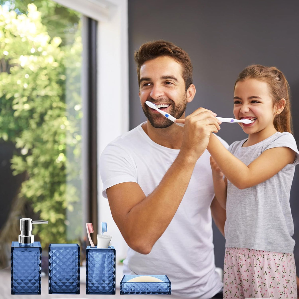4 PCS Blue Bathroom Accessory Set,Plastic Bathroom Accessories Sets