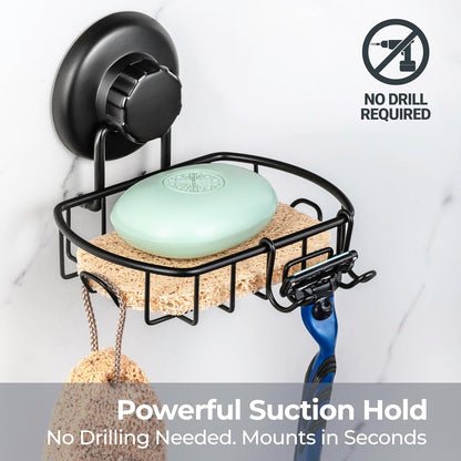 HASKO 2 Pack Suction Cup Soap Dish for Shower Wall, Rustproof Stainless Steel, Shower Soap Holder with Hooks, Includes Optional No Drill Adhesive Mount for Bathroom, 2 Soap Savers, Black