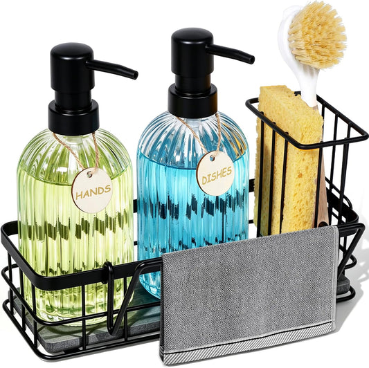 Kitchen Soap Dispenser Set, Hand and Dish Soap Dispenser Set with Sponge Holder, Dish Soap Dispenser with Instant Dry Tray for Kitchen Organizer, 15 fl oz Clear Glass Soap Dispenser with Pump
