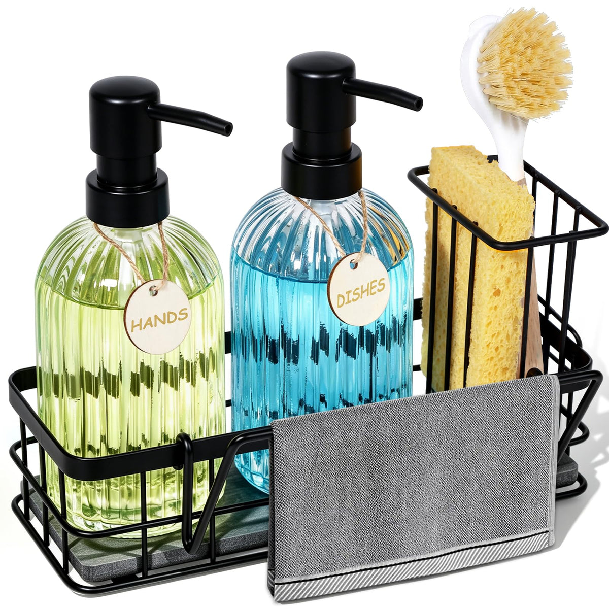 Kitchen Soap Dispenser Set, Hand and Dish Soap Dispenser Set with Sponge Holder, Dish Soap Dispenser with Instant Dry Tray for Kitchen Organizer, 15 fl oz Clear Glass Soap Dispenser with Pump