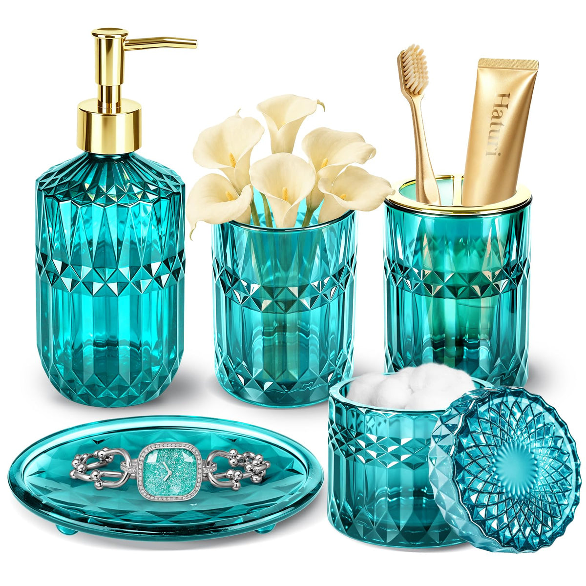 Haturi Glass Bathroom Accessories Set, Sage Green Bathroom Set, 4 Pcs
